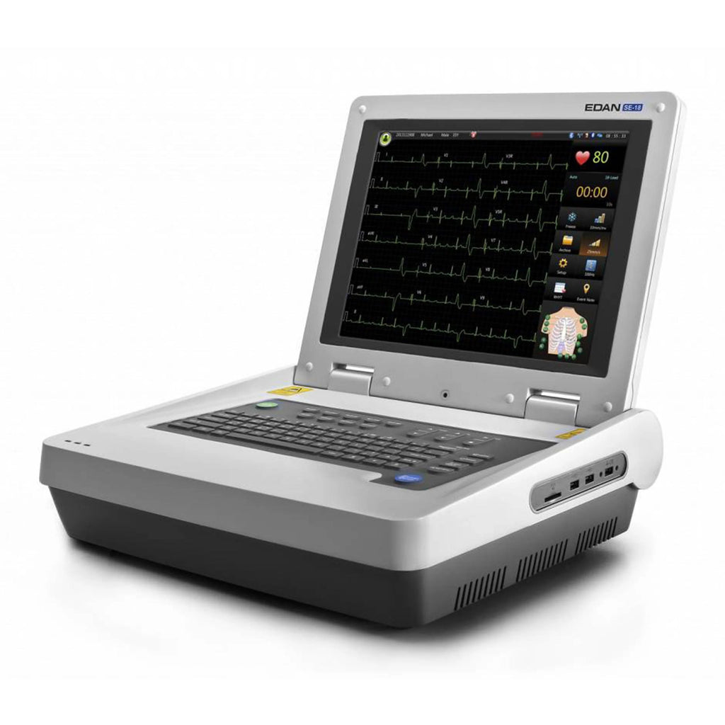 EDAN SE-18 ECG 12-lead configuration, supports 9/12-lead ECG test. 15 " LCD color touch screen with built in Wi-Fi