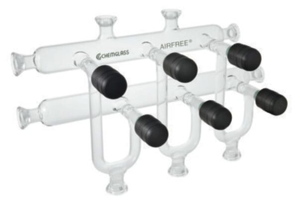 Chemglass Life Sciences 3-Port Airfree Schlenk Inert Gas Vacuum Manifold, Double Bank, 410mm OAL