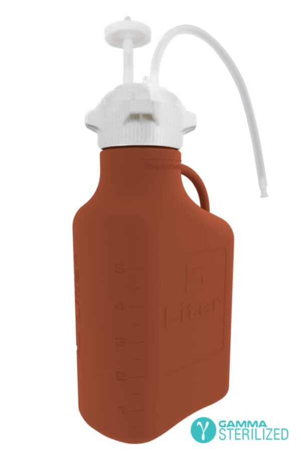 Foxx Life Sciences EZBio Single Use Carboy (Bottle) Assembly, 5L (1GAL) Gamma Sterilized Light Blocking Amber HDPE Carboy for Aseptic Transfer and Sterile Storage with VersaCap 83B (83mm), Vent and Dip Tube, 1/EA