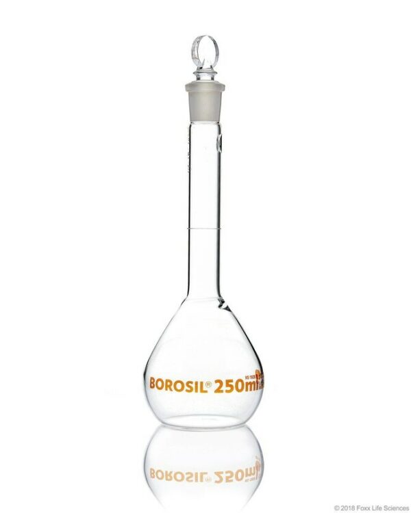 Foxx Life Sciences Borosil Wide Mouth Class A Volumetric Flasks with Interchangeable Solid Glass Stopper (19/26), Individual Certificate, 100 mL, 10/CS