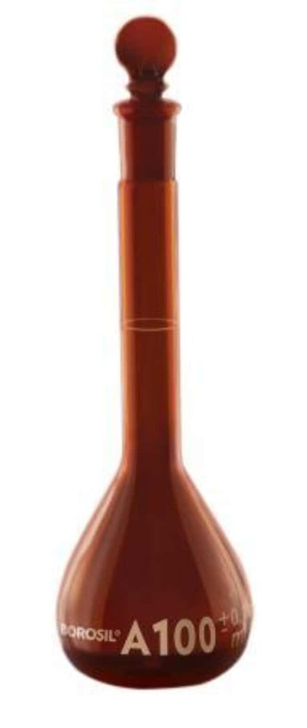 Foxx Life Sciences Borosil Amber Light-Blocking Wide Mouth Class A Volumetric Flasks with Glass Pennyhead Stopper, Batch Certificate, 1L (1000mL), 10/CS
