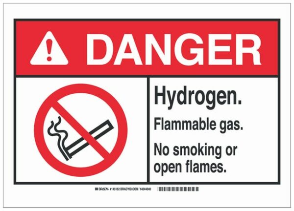 Brady Aluminum Danger Sign: HYDROGEN. FLAMMABLE GAS. NO SMOKING OR OPEN FLAMES.